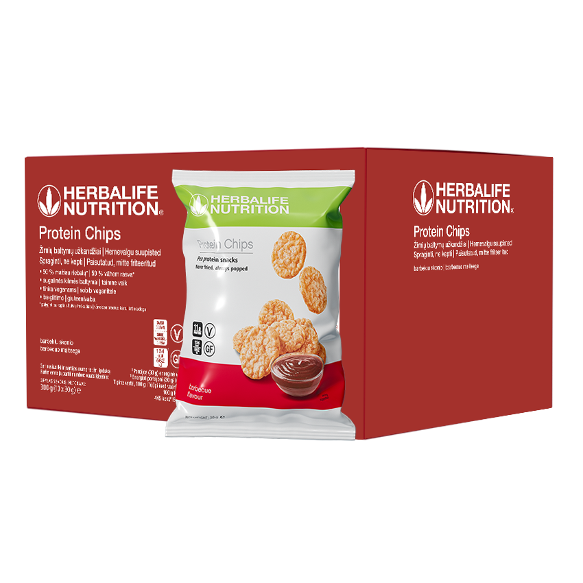 Herbalife barbekjū proteīna čipsu iepakojums – veselīga bezglutēna uzkoda ar augstu olbaltumvielu saturu, piemērota vegāniem