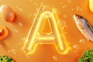 A vitamīns – olas, zivis, aprikozes un zaļumi kā dabiski avoti uz oranža fona