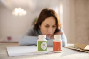 Sieviete skatās uz vitamīnu pudelītēm, domājot par paaugstinātu B12 vitamīna līmeni asinīs