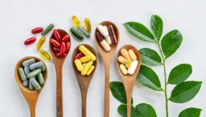 Vitamīnu kapsulas un tabletes koka karotēs ar zaļām lapām uz balta fona