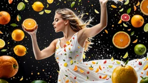 Vitamīni sievietēm – sieviete baltā kleitā ar citrusaugļiem gaisā, simbolizē veselību un enerģiju