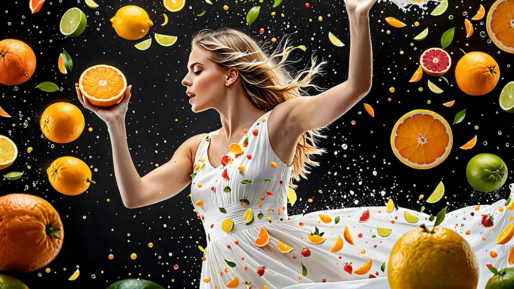 Vitamīni sievietēm – sieviete baltā kleitā ar citrusaugļiem gaisā, simbolizē veselību un enerģiju