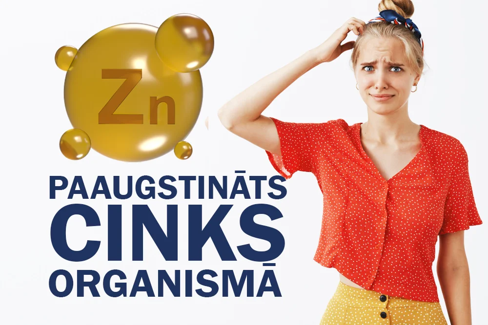 Sieviete satraukta ar roku pie galvas un uzrakstu “Paaugstināts cinks organismā” uz balta fona